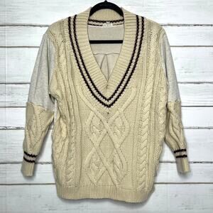 POL Cable Knit Sweater Small Cream V-Neck Varsity Stripe Cozy Knit